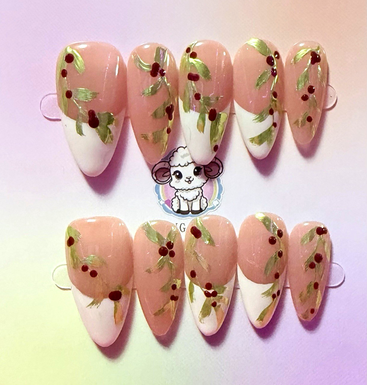 Pink/White/Gold/Red Floral Almond Press-On Nails, size medium