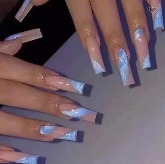 Coffin Press On Nails Long Length Full Cover Designer Nails Nude Blue White