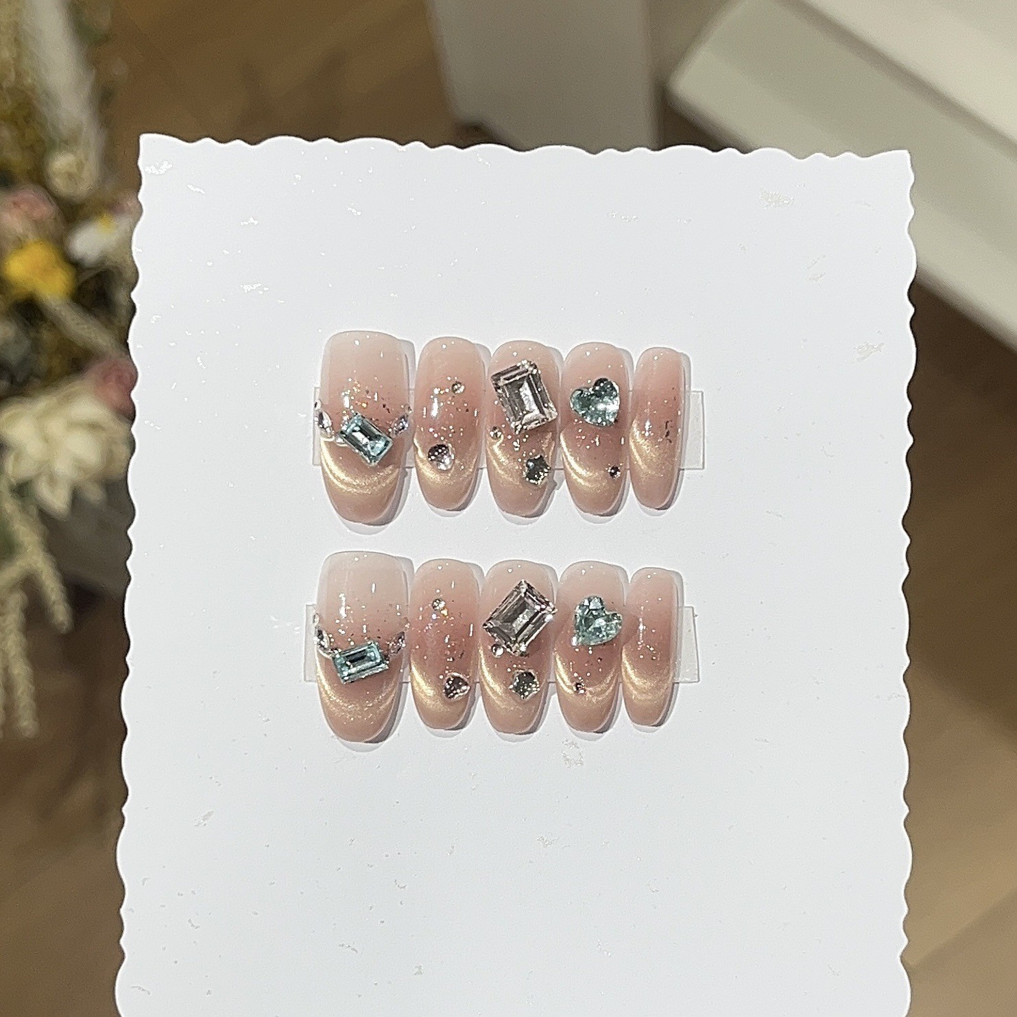 10Pcs Handmade Orange Cat Eye Nails Glitter Rhinestone Youth Daily Style