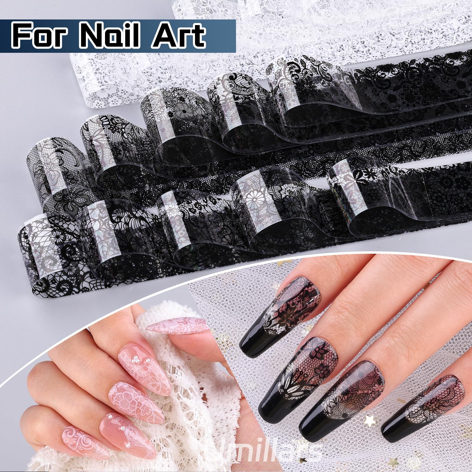 15 Rolls Black White Lace Nail Foil Transfer Stickers, Nail Lace Flowers Stic…