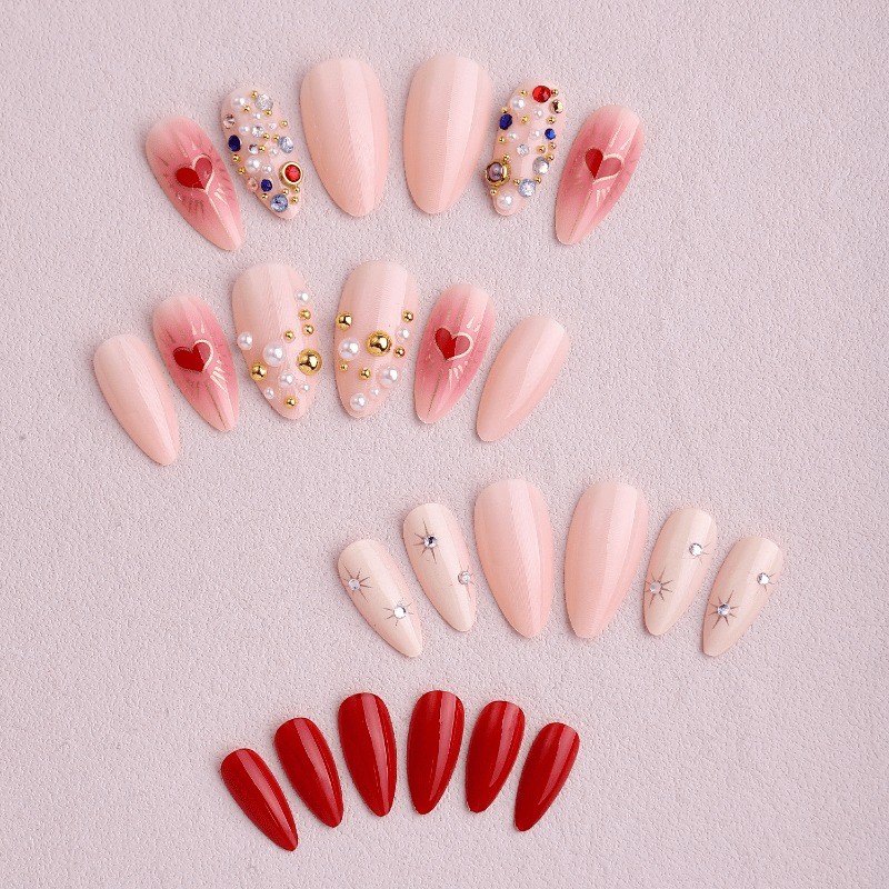 Valentine’s Day Handmade Nail 48 Pieces Long Almond, Removable Nail Art