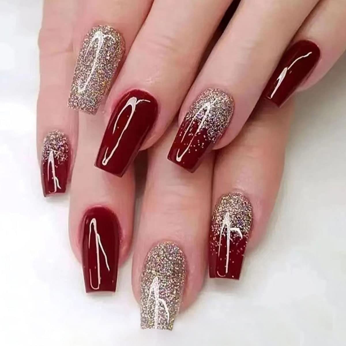 24Pcs Dark Wine Red Press on Nails Long Fake Nails Elegant Wine Red Gradient Des