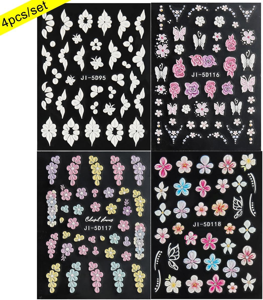 Pegatinas Unas Flores 4 Pz 3D Grabado Acrilico Decoracion Manicura Diseno Floral
