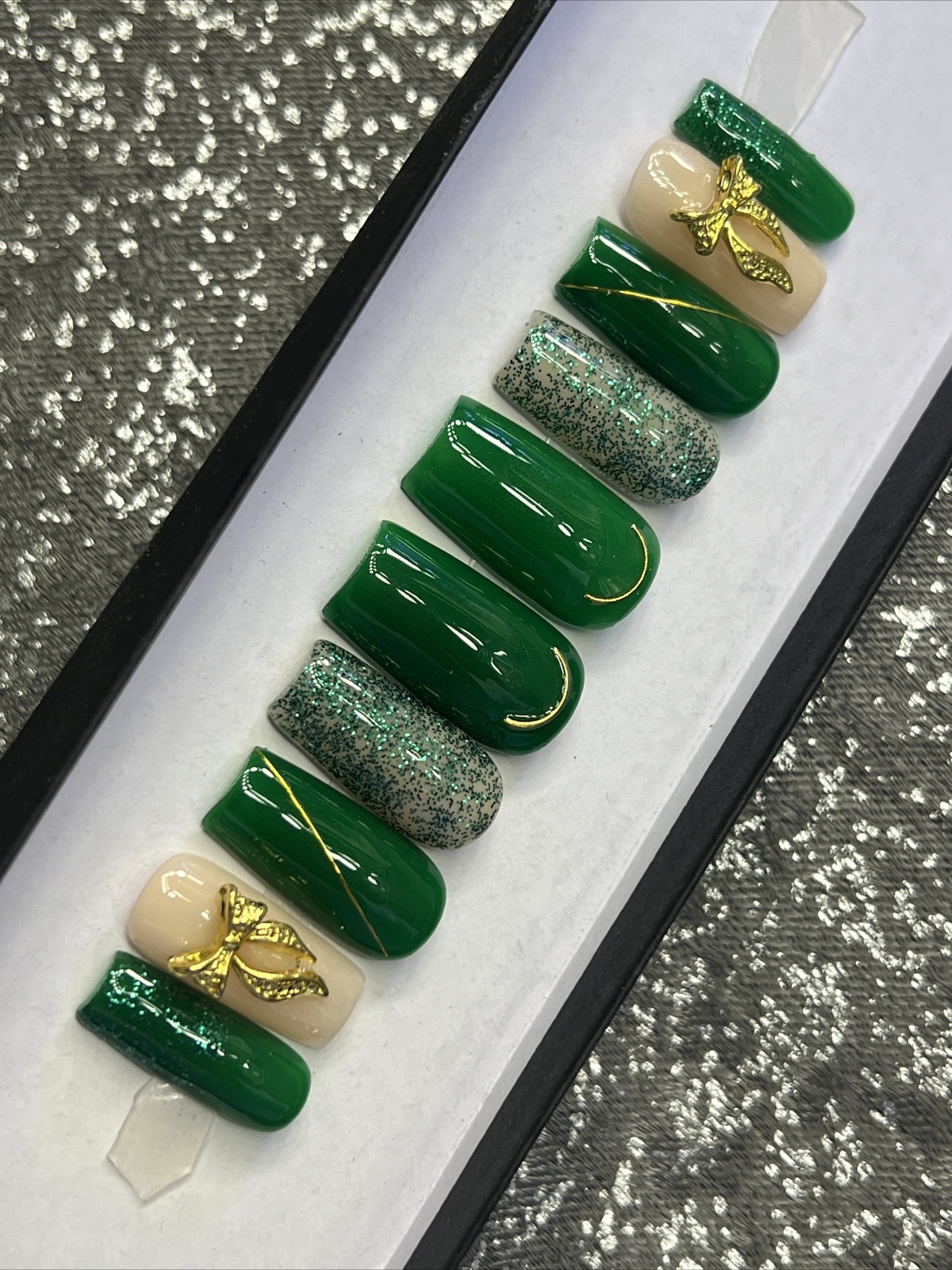 ✨CUSTOM Gel Press On Nails, GREEN W BLING 10p FULL SET W Kit