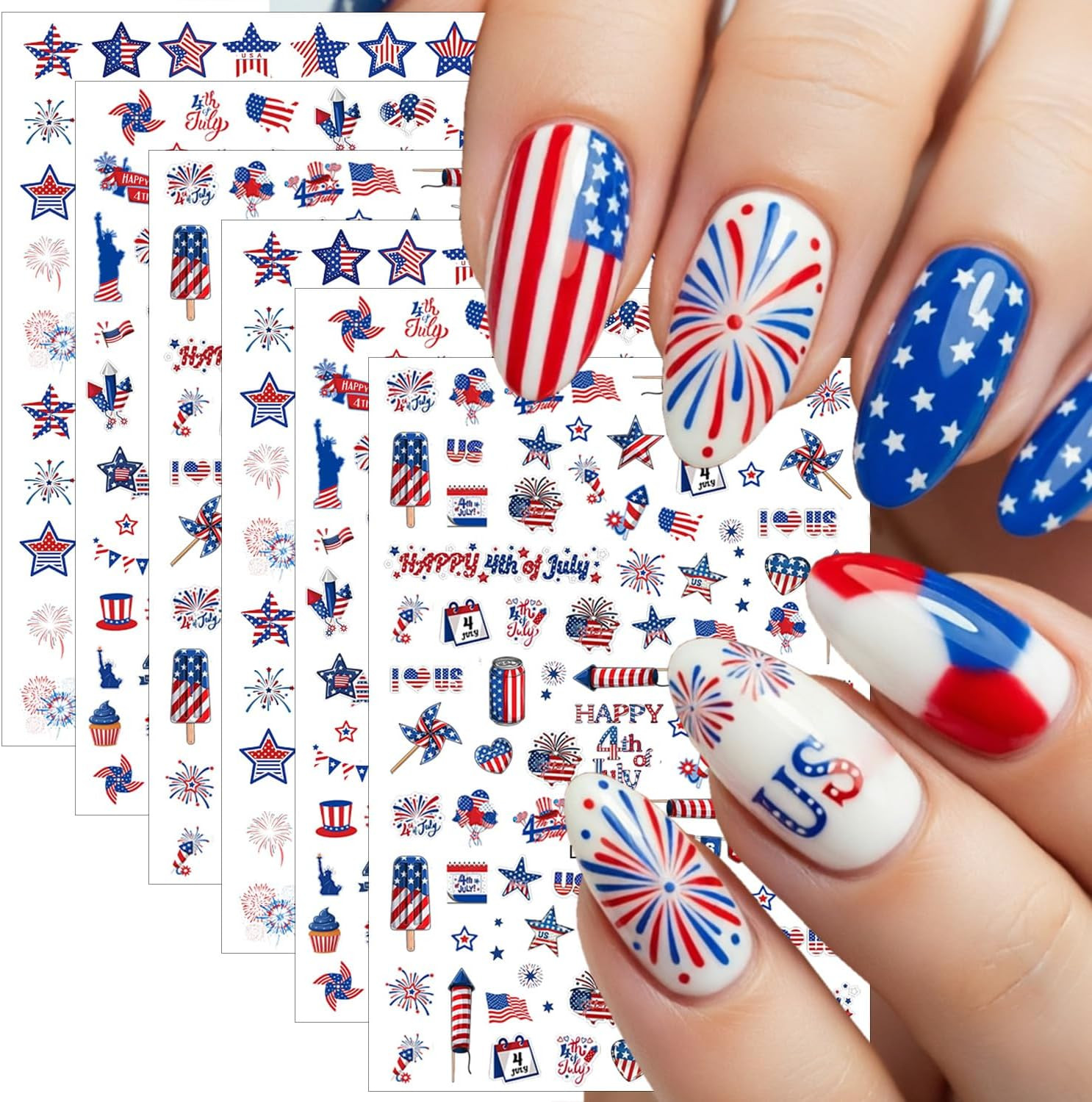 6 Sheets Happy 4Th of July Nail Stickers Independence Day Heart Cake Star Nail