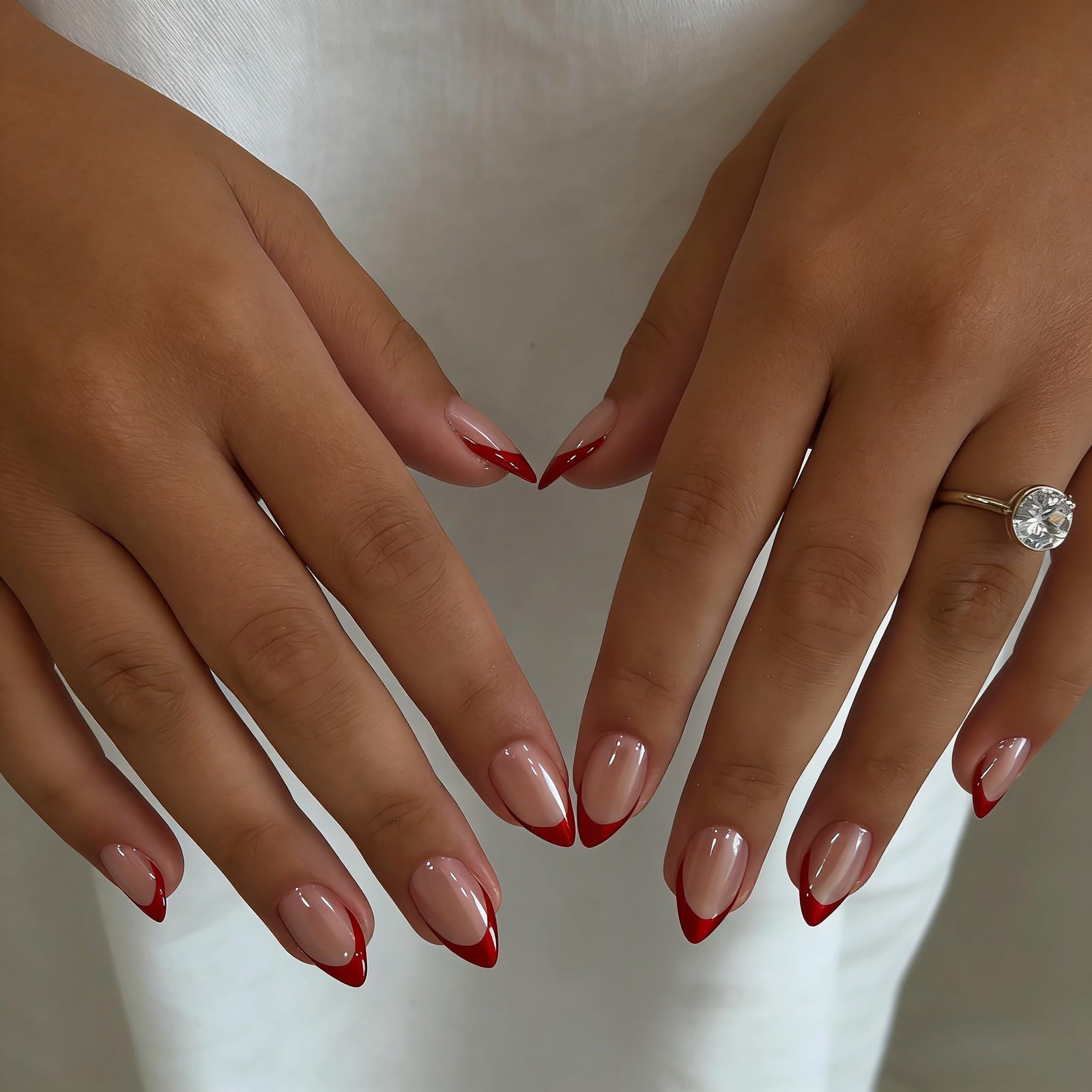 Chrome Red French Tip Press on Nails Short Square, Glazed Gel Fake Nails Pres…