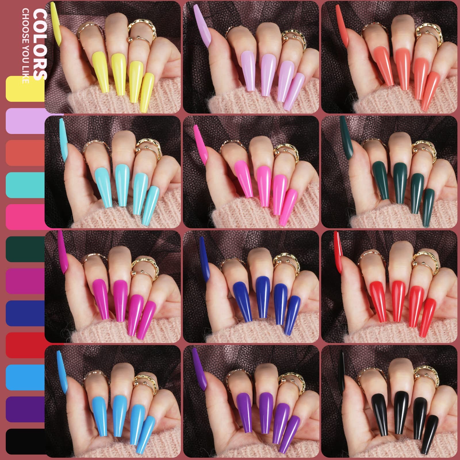 Teenitor Full Cover Color Press On Coffin Nails, 576pcs Fake Nail Tips in 24 …