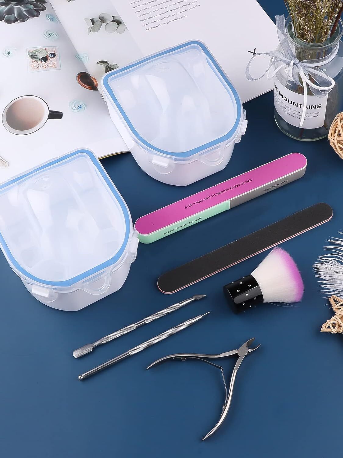 8PCS Nail Soaking Bowls Set, Manicure Spa Kit with Cuticle Tools, Blue