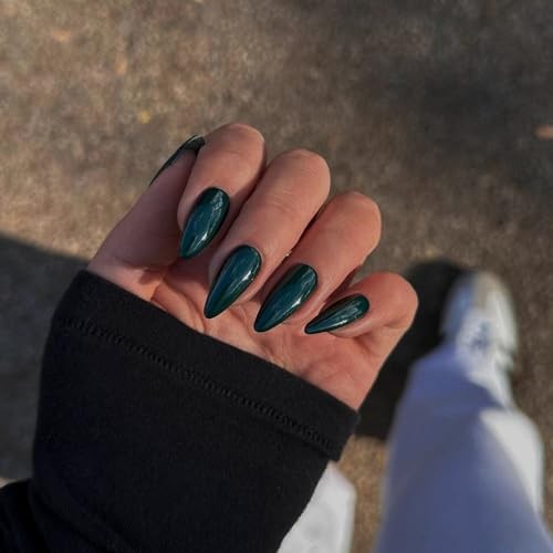 48 Pcs Almond Press on Nails Medium Length, Emerald Green almond dark green
