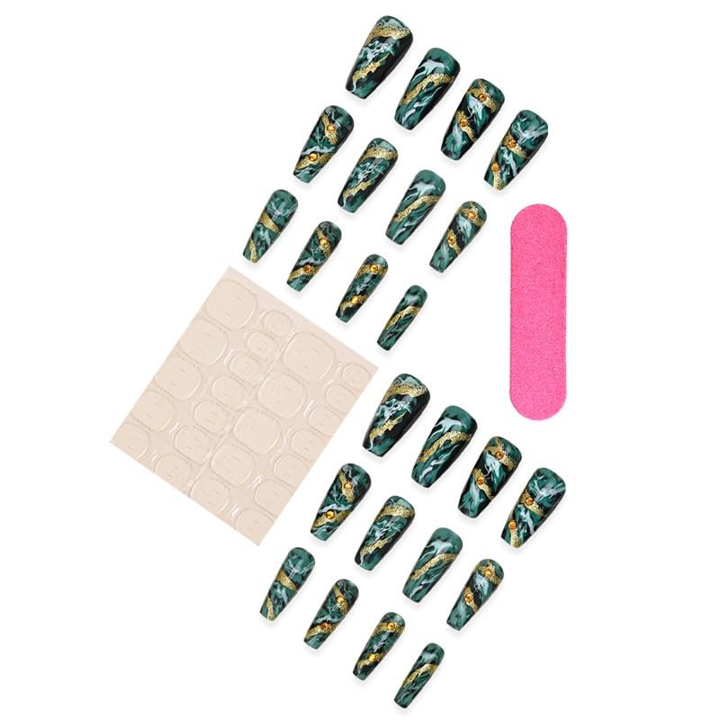 Green Press on Nails Medium Coffin Fake Nails Dark Green Marble False Nails Gold
