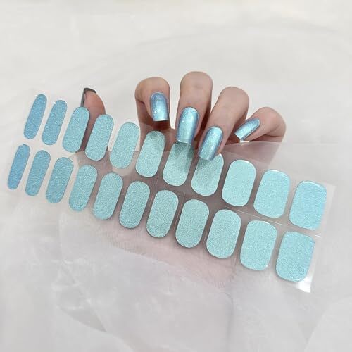 22 PCS Semi Cured Gel Nail Strips (Metallic Laser Blue) – Need UV Light |