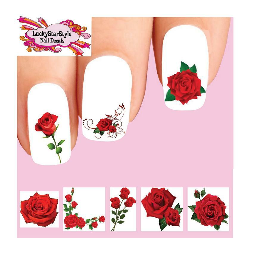 Waterslide Flowers Rose Nail Decals Set of 48 – Red Roses Assorted