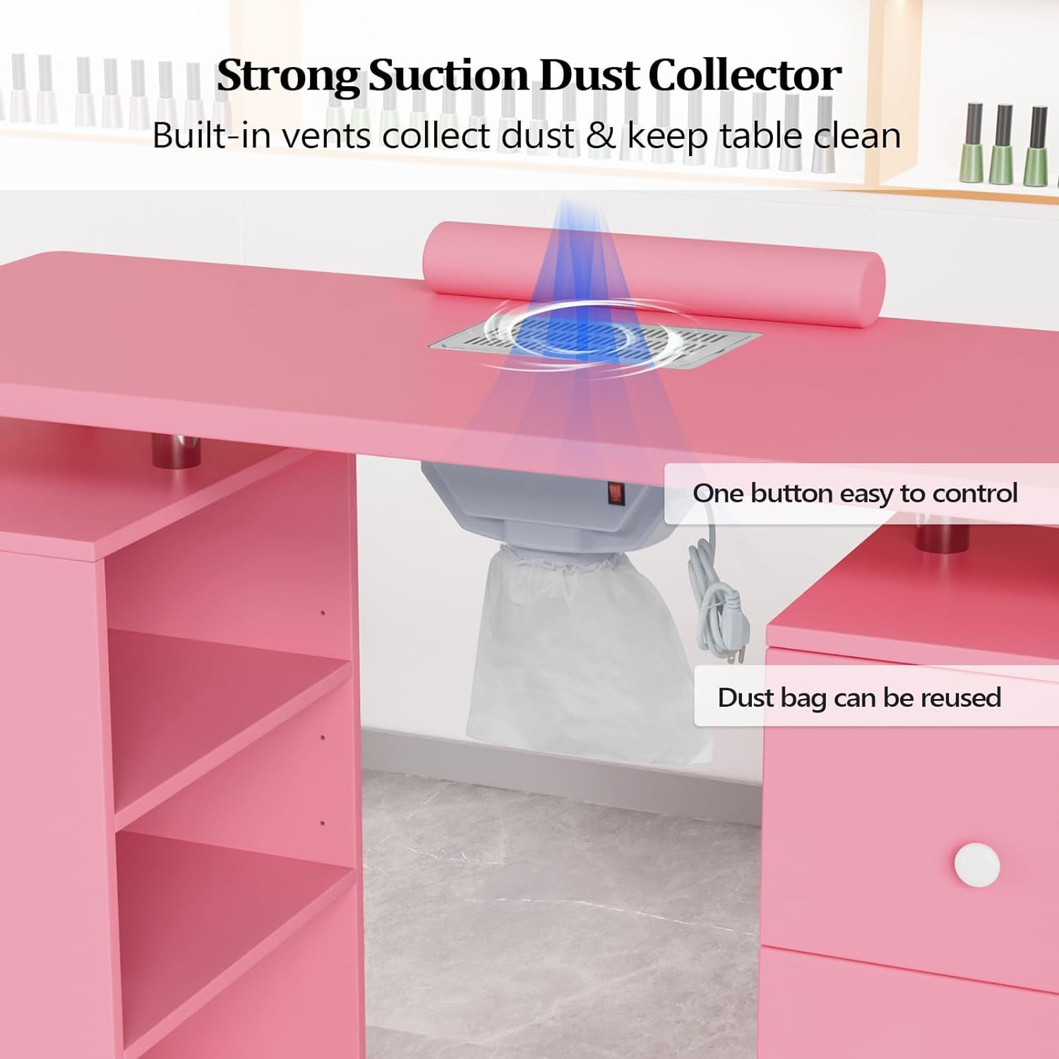 Manicure Table Nail Desk Beauty Salon Dust Collector+Wrist Pad+Storage Drawers