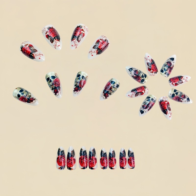 24pcs/set Halloween Fake Nail Almond Shaped ABS Fake Nail Rose Skull Design