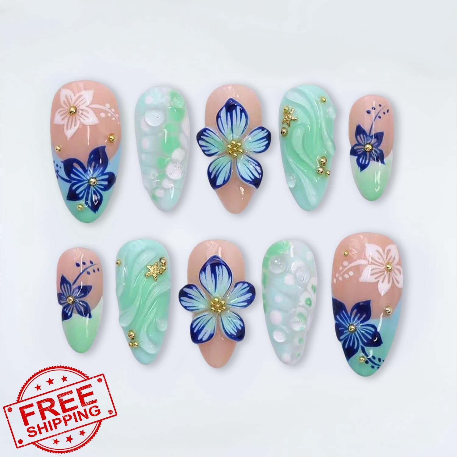 OSTTMA flower nails-13 blue almond press on nails