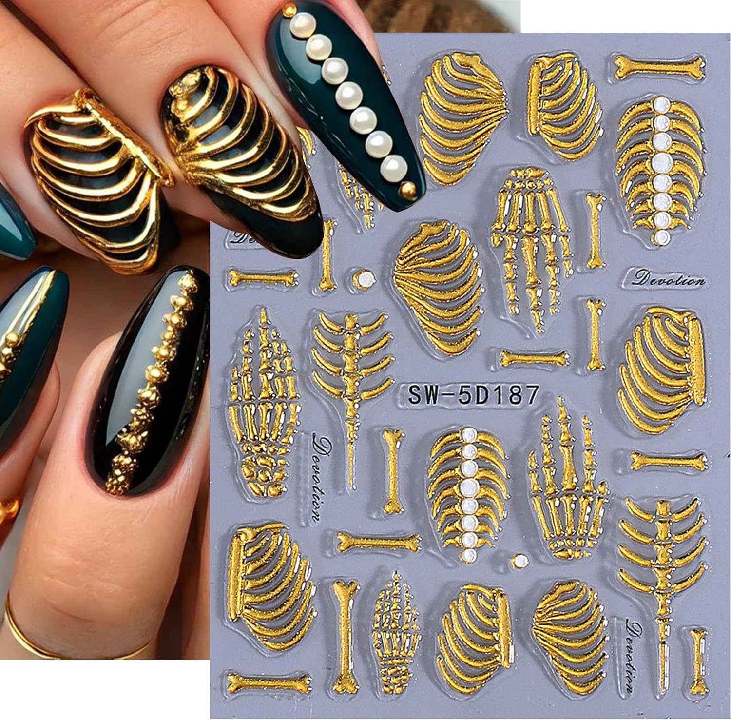 Gothic 5D Nail Art Stickers 10 PCS Embossed Skeleton Y2K Nail Decals Golden Rose