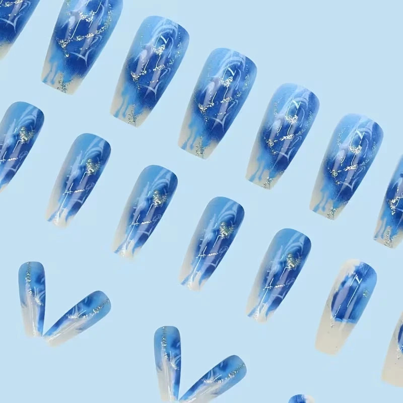 24pcs Blue Square Press-On Nails, Long, Glossy Silvery Pattern Heart Shape