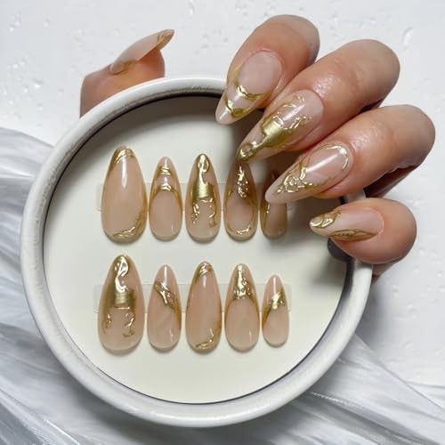 Luxury Long Almond Press on Nails – Nude Base with 3D Irregular Golden Nude