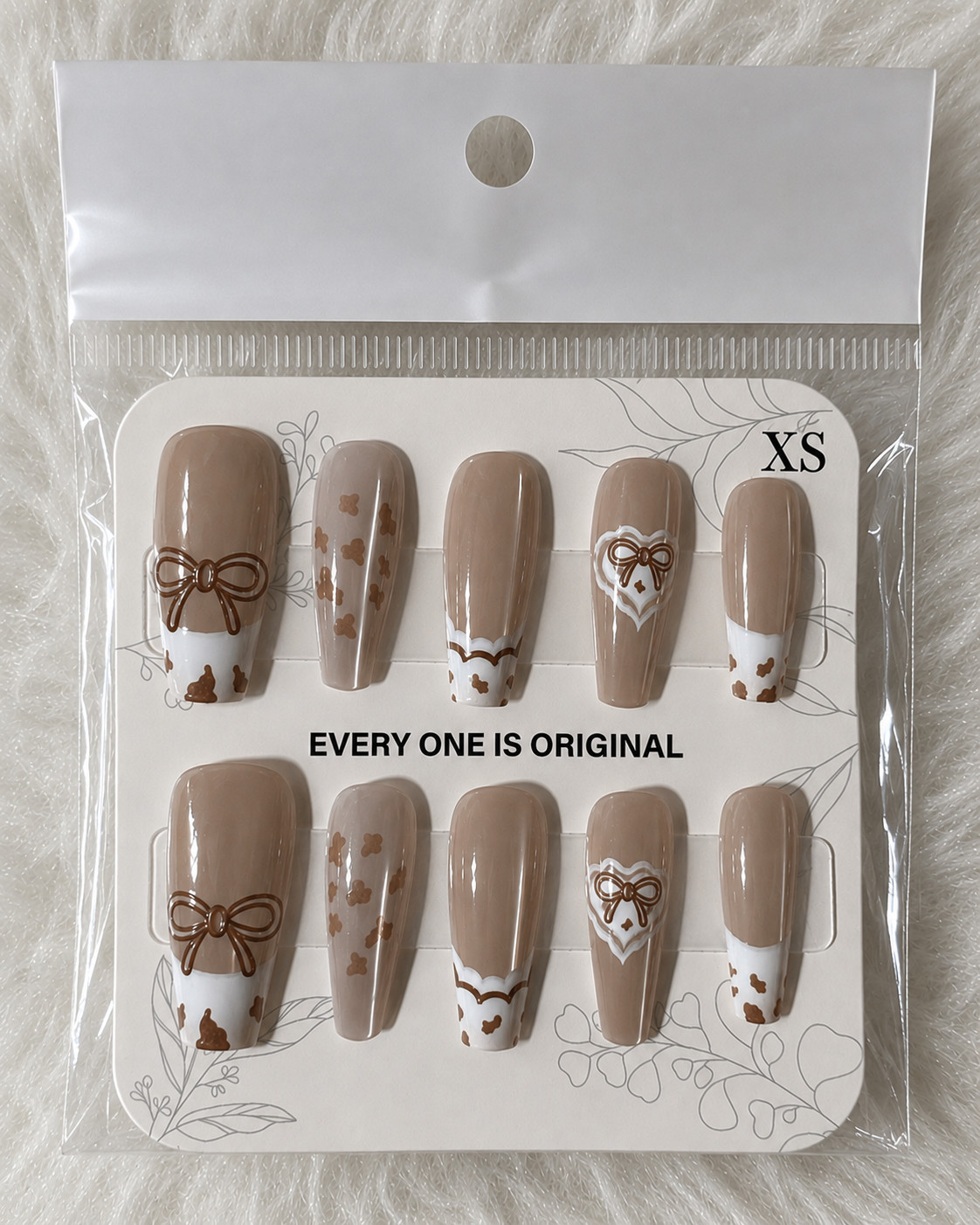 Warm Taupe Nude Coquette Bow Press-On Nails – Glossy Coffin Nails – Extra Small