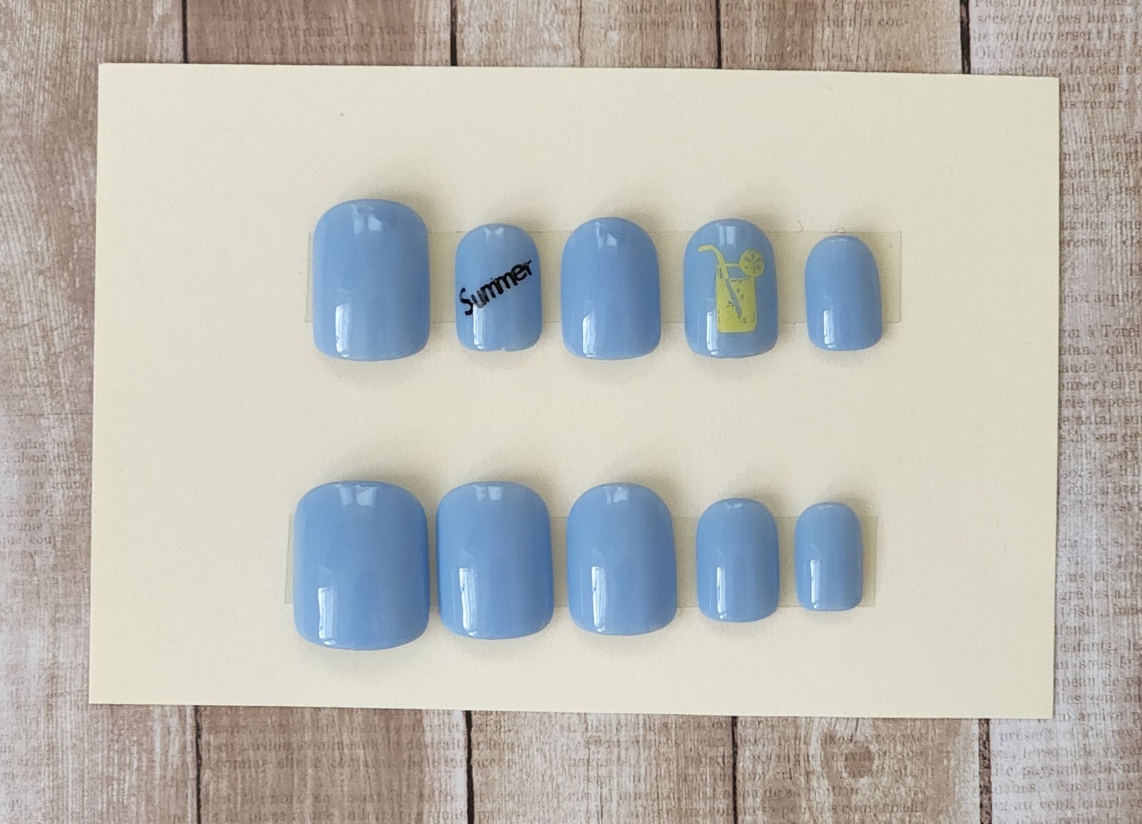 Custom Press On Handmade Gel Nails Blue  Summer Accent Square Short 20 Tips