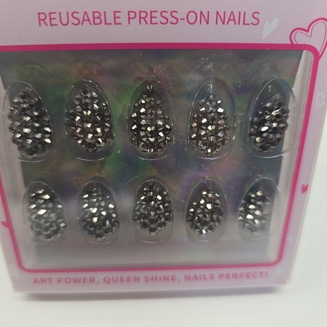 Press On Nail Kit Glam Rhinestone Metallic Silver Gray Glamour Nails Reusable