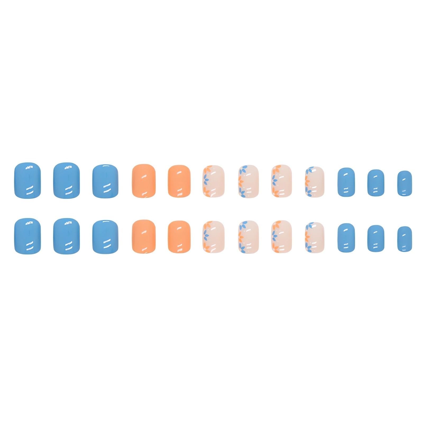 Short Press on Nails Square Fake Nails Blue Orange Flowers Glue on Nails Spri…