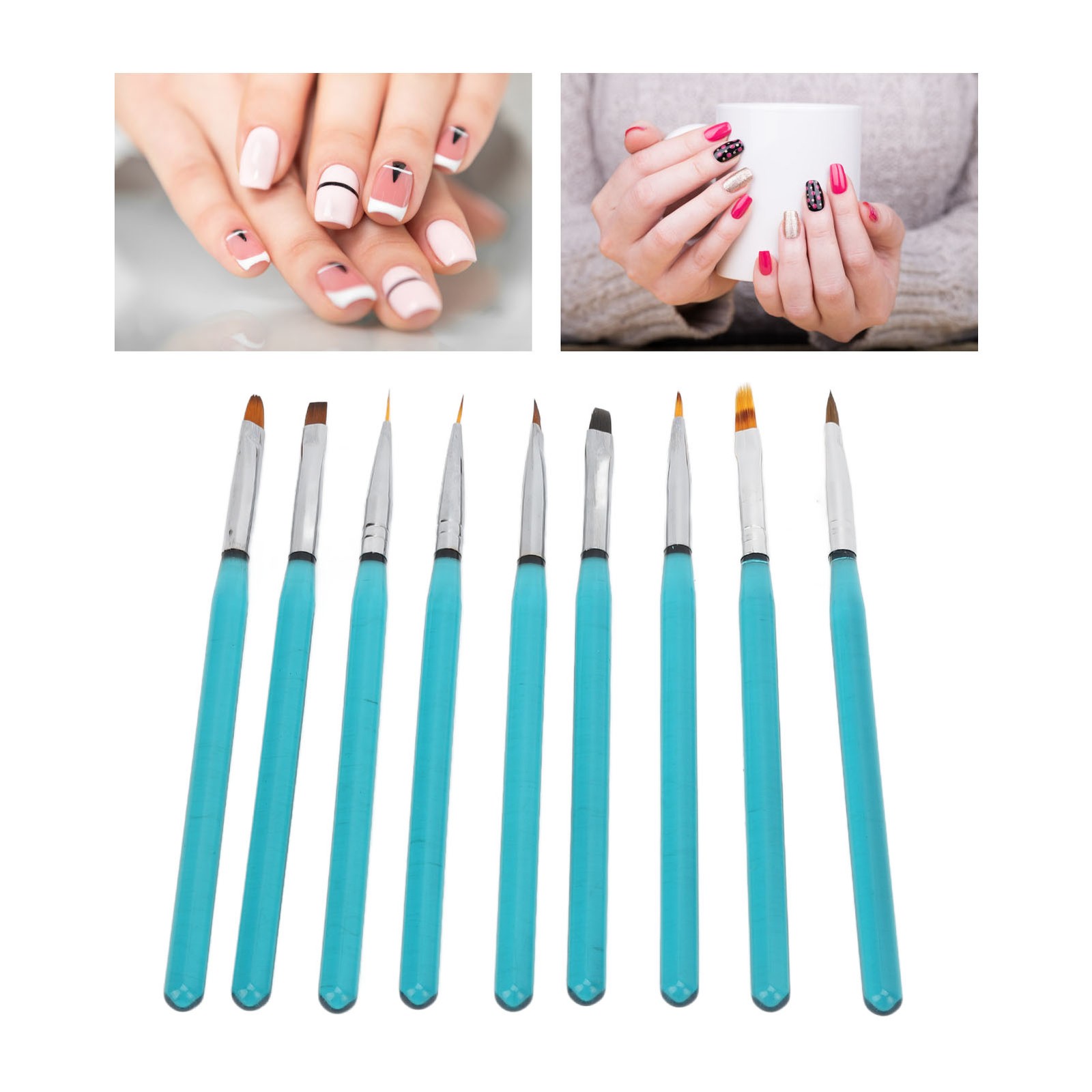 9Pcs Nail Art Brush Set Nylon Hair Blue Metal Rod