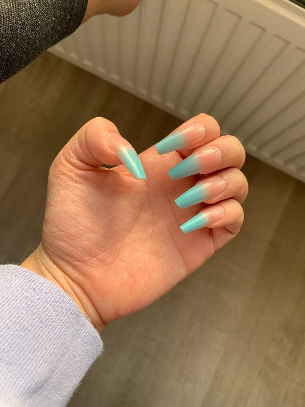 24 Blue Teal Ombre Summer Extra Long Press on nails glue on Coffin manicure nude