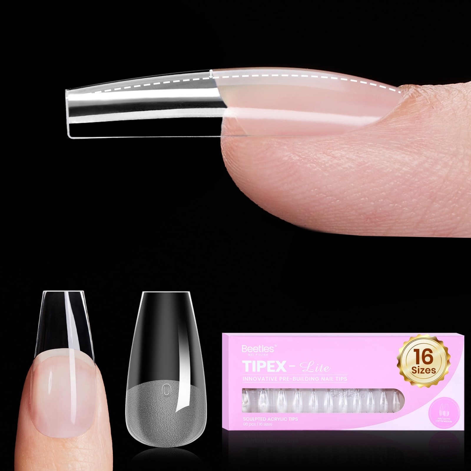 Beetles Tipex Lite Medium Coffin Instant Apex Gel Nail Tips, 96 Pcs