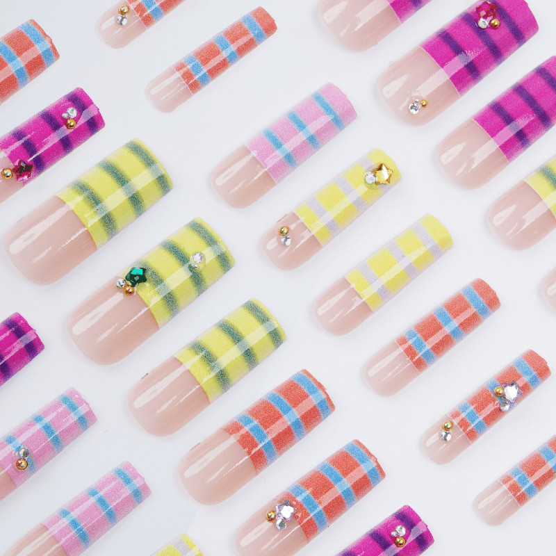 24pcs-Press on Nails Colorful Striped Star Rhinestone Long Square Y2K Nail Set