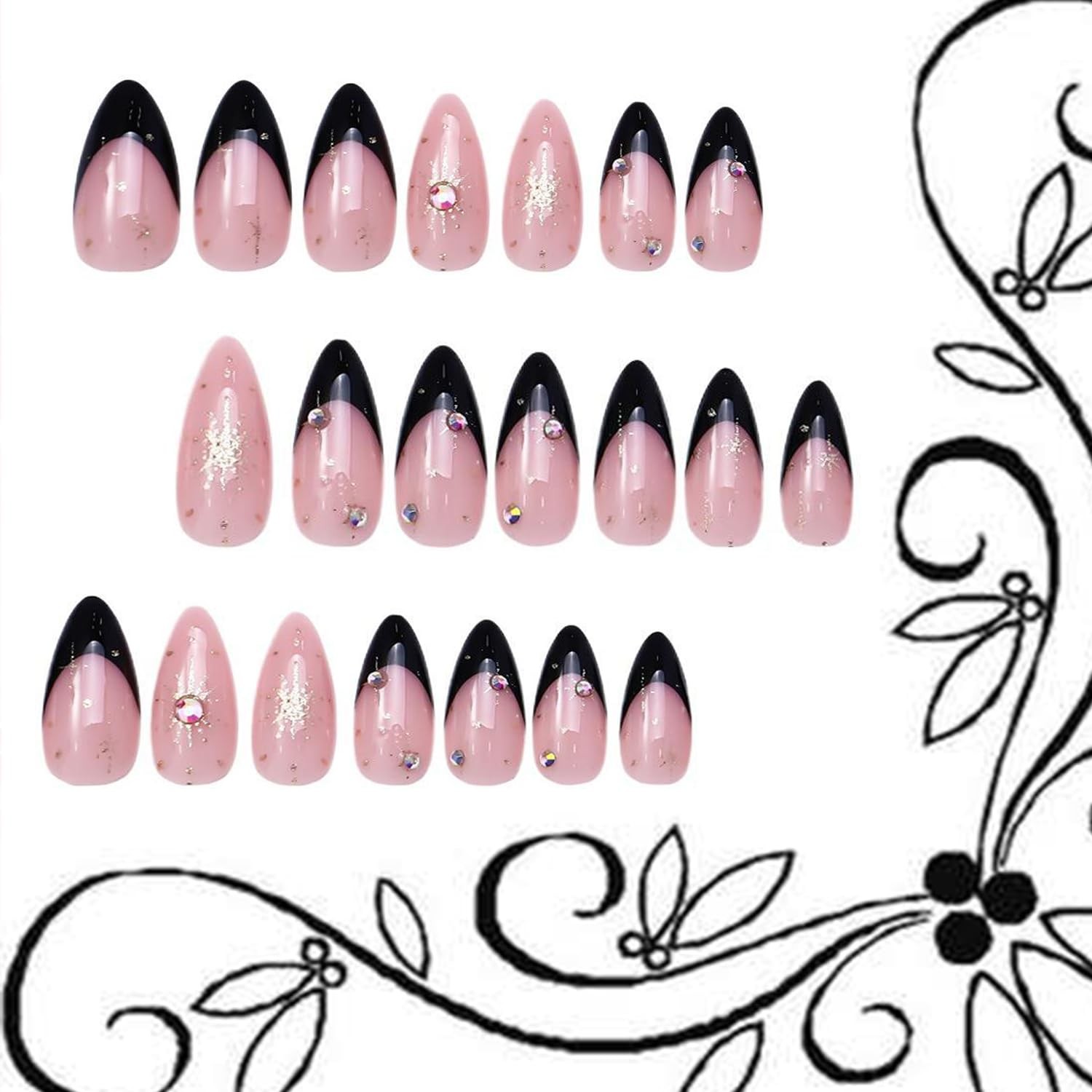 Black French Tip Press on Nails Medium Gold Glitter Rhinestones Medium, Multi