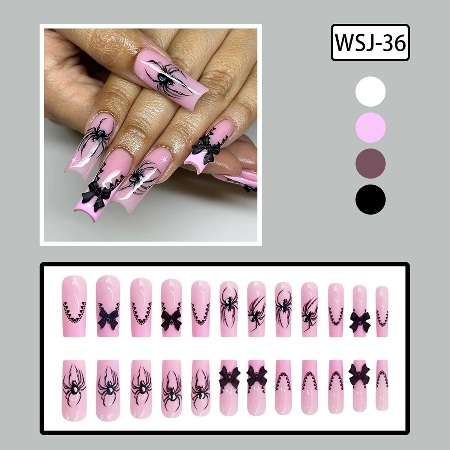 Halloween Pink French Tip Press on Nails Long Square Shaped Fake Nails Spider…