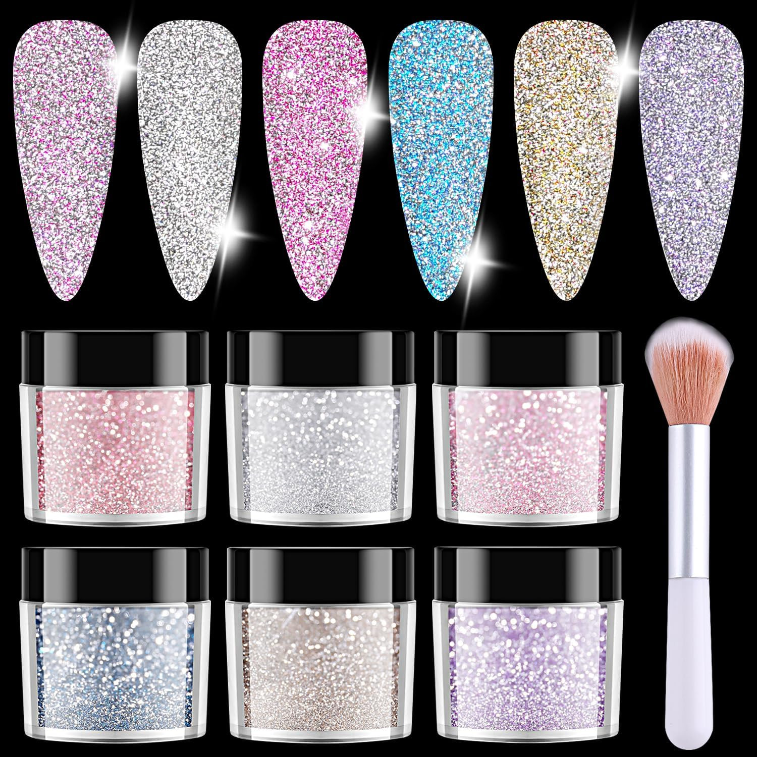 Reflective Glitter for Nails, 6 Colors Sparkle Nail Powder Diamond Dust Glitter
