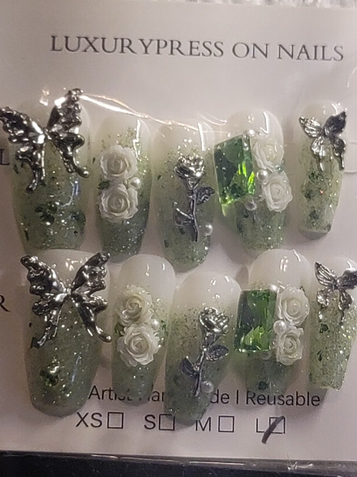 Handmade 10 PC Set Nails Green Ombre Butterfly, SLVR Rose, Gem Sz L, Med Coffin
