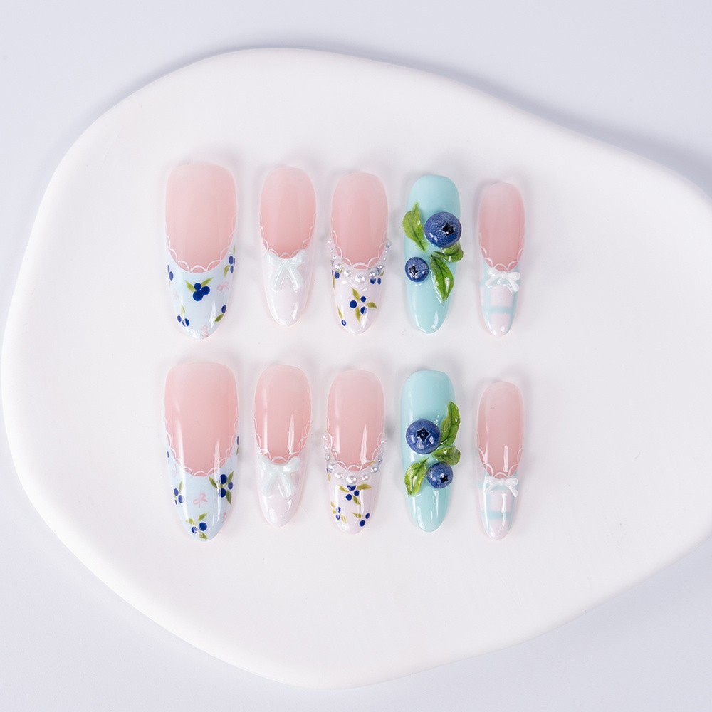 10pcs Pink Mint Square Nails 3D Blueberry Lace Bow Summer Picnic Cute