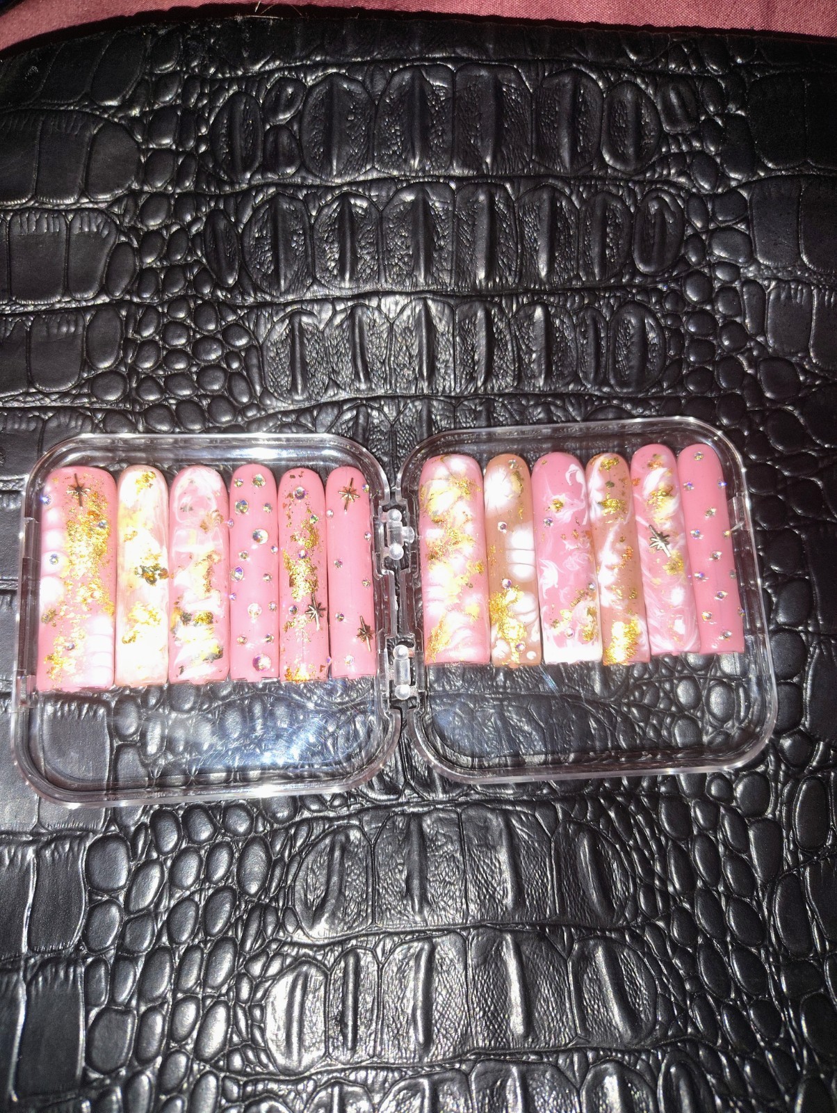 Homemade Square Long Press-On Nails Pink/Gold/White Glitter Abstract Full Cover