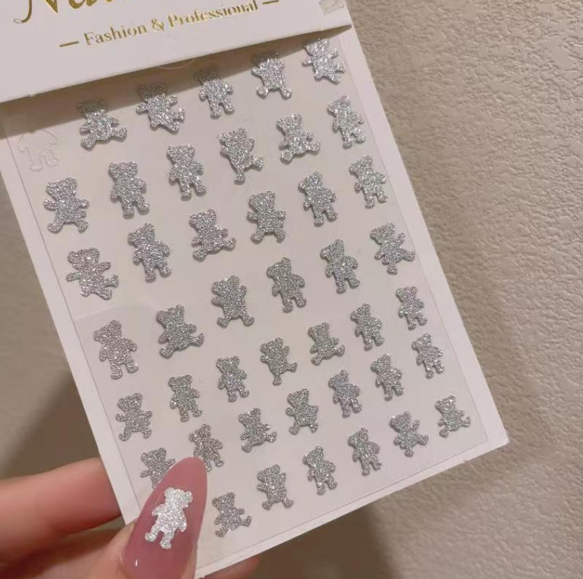 White Glitter Nail Stickers Heart Star Butterfly Bear Flame Transfer Decal NS53
