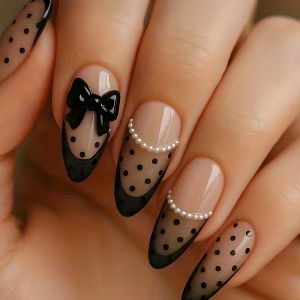 🖤 New! 24 Pcs 3D Pearls Bows & Lace Press on Nail Set Medium Almond Shaped