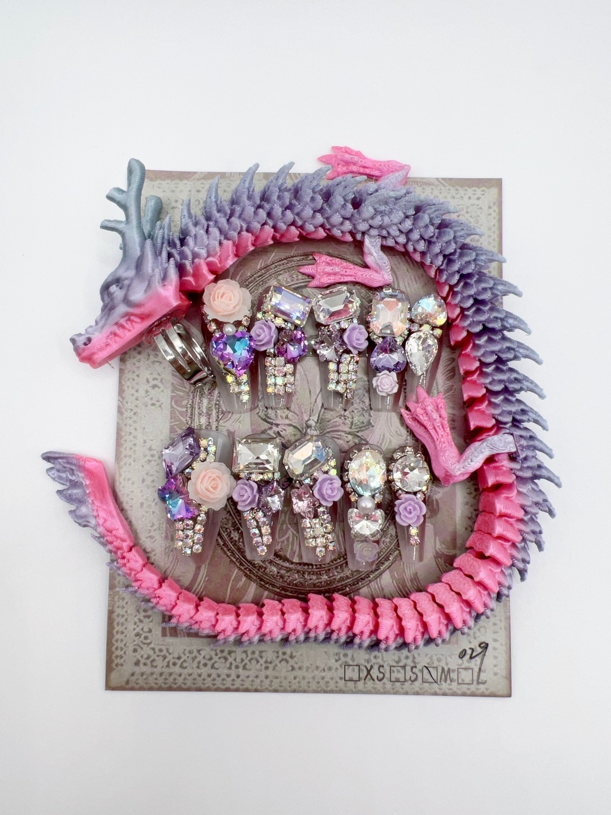 Long Coffin Rhinestone Press-On Nails with 3D Flower Charms & Dragon Rings