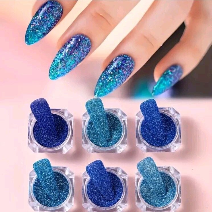 6pcs Cool Blue Ocean Glitter Nail Powder Set – Sparkling Sugar Sequins, Crystal