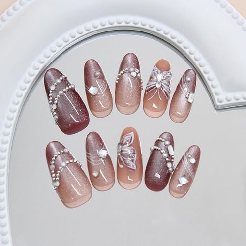 White Butterfly Press on Nails Medium Almond White Butterfly Rhinestone style 4