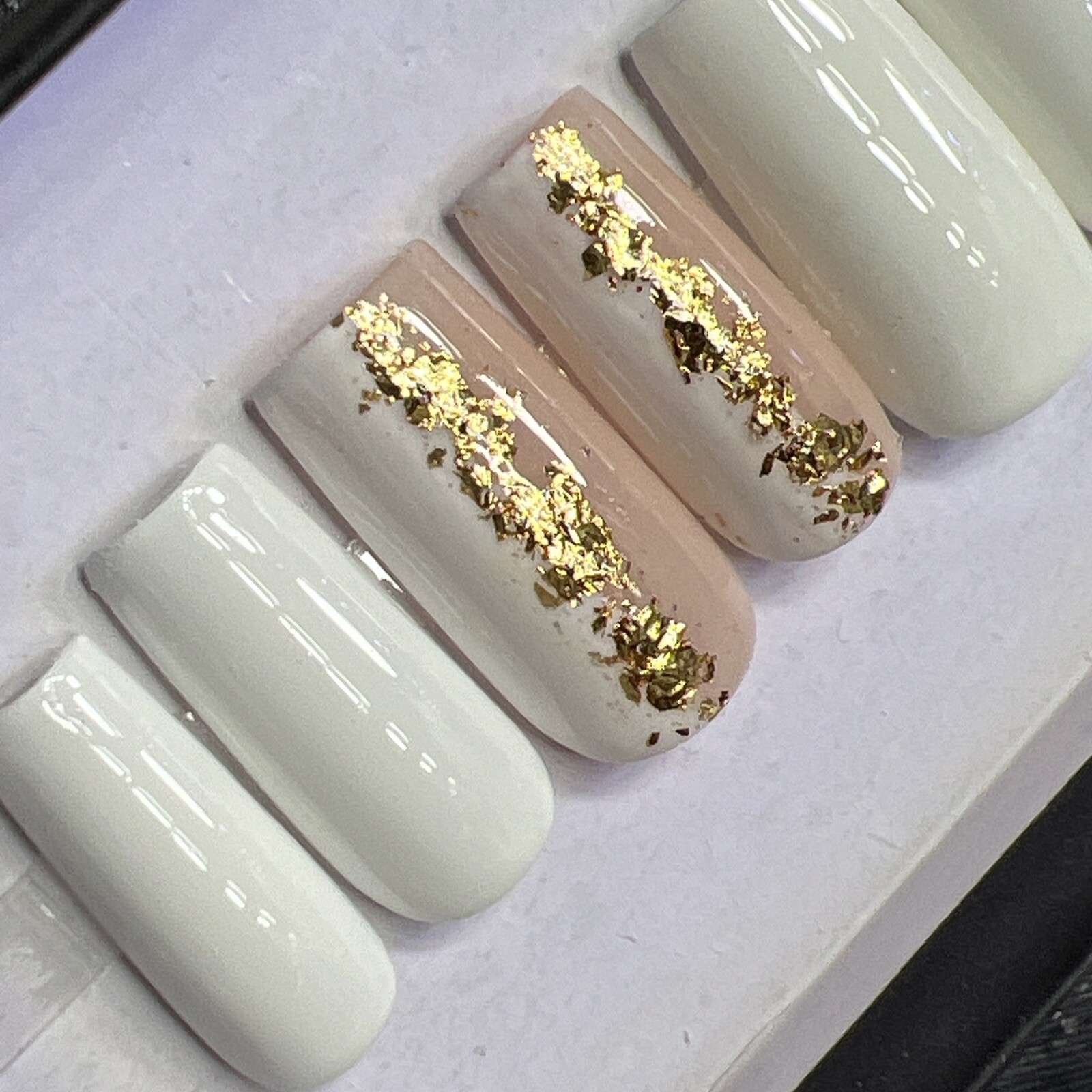 🤍 CUSTOM Gel Press On Nails, White Gold Flakes 10p FULL SET W Kit Square M