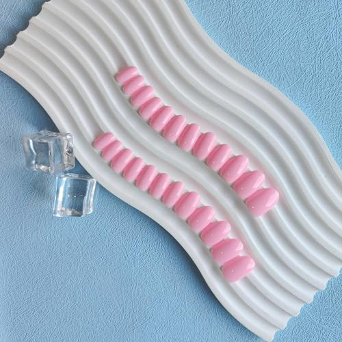 Baby Pink Press On Nails Short Oval,Natural Round Fake Nails,Short glossy pink