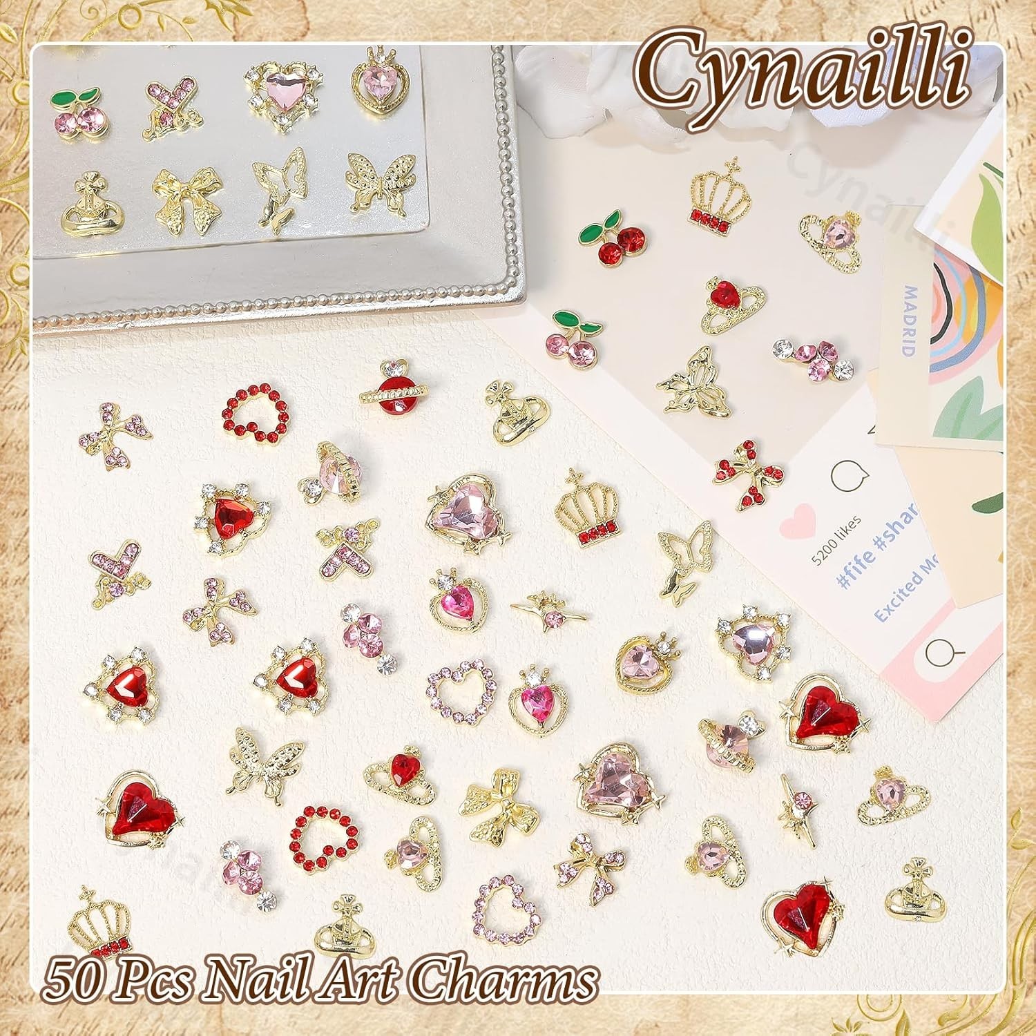 1 Pack of 50 Pcs Fusiform Gold Nail Charms Nail Art Kit 3D Nail Charms Nail Gems
