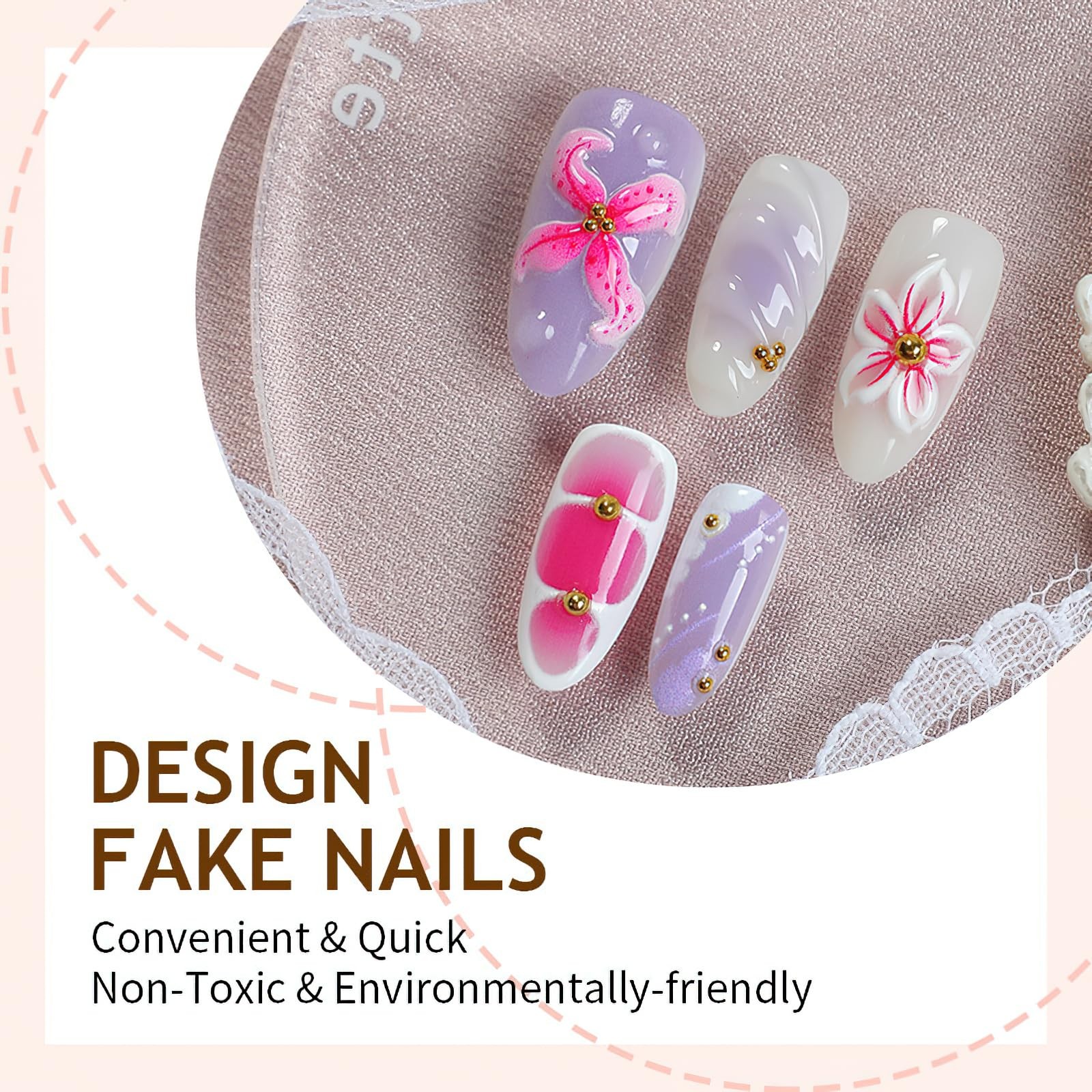 Jremg Pink Flower Press on Nails Medium Almond Fake Almond, Multicolor