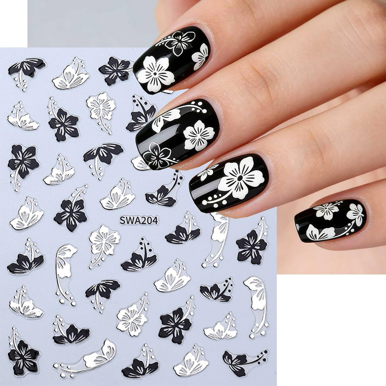 6 Sheets Flower Nail Art Stickers 3D Self -Adhesive Hibiscus Nail Decals Hologra