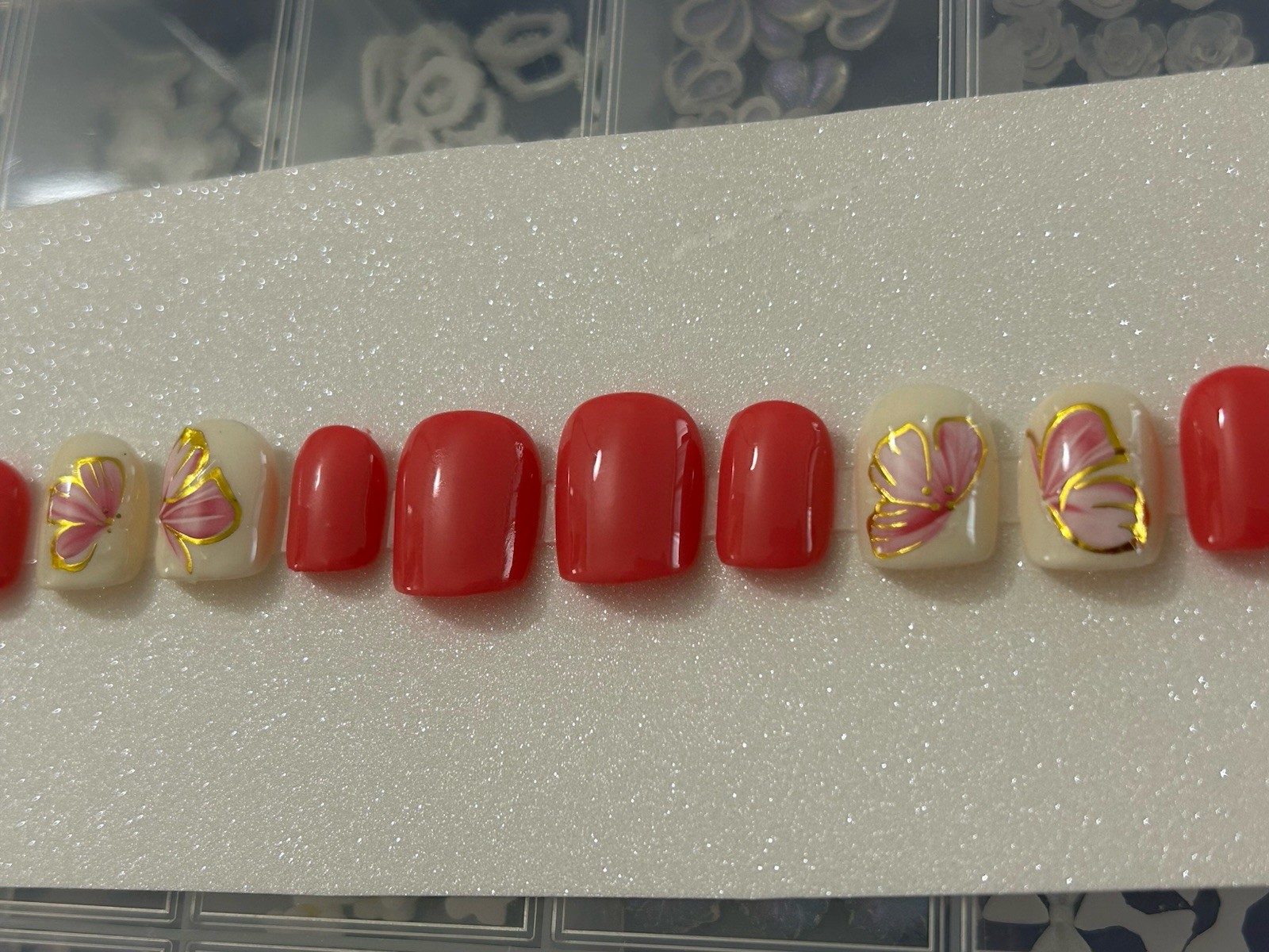 ✨Beautiful Summer Design Handmade Gel Press On Nails Coral Pink Square Short ✨