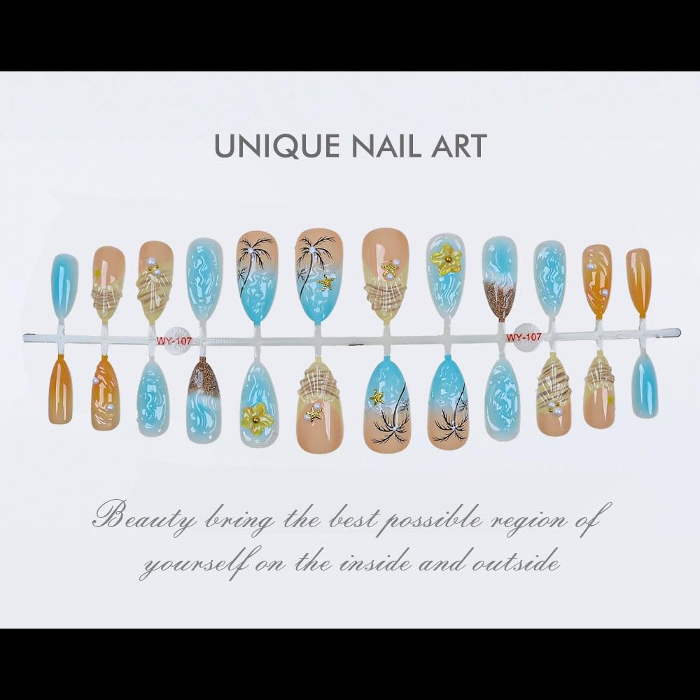 Seashell French Tip Press on Nails Medium Almond Fake Nails, Summer Beach Fal…