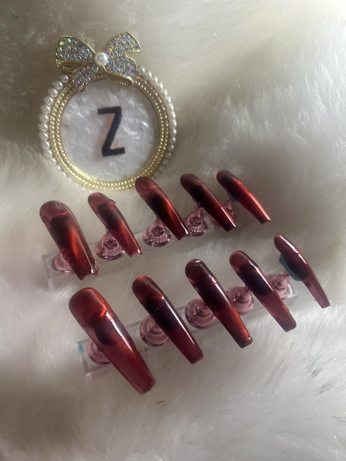 Z NAILZ! Handmade 2XL Coffin Magnetic Red 2 directional Press On Nails