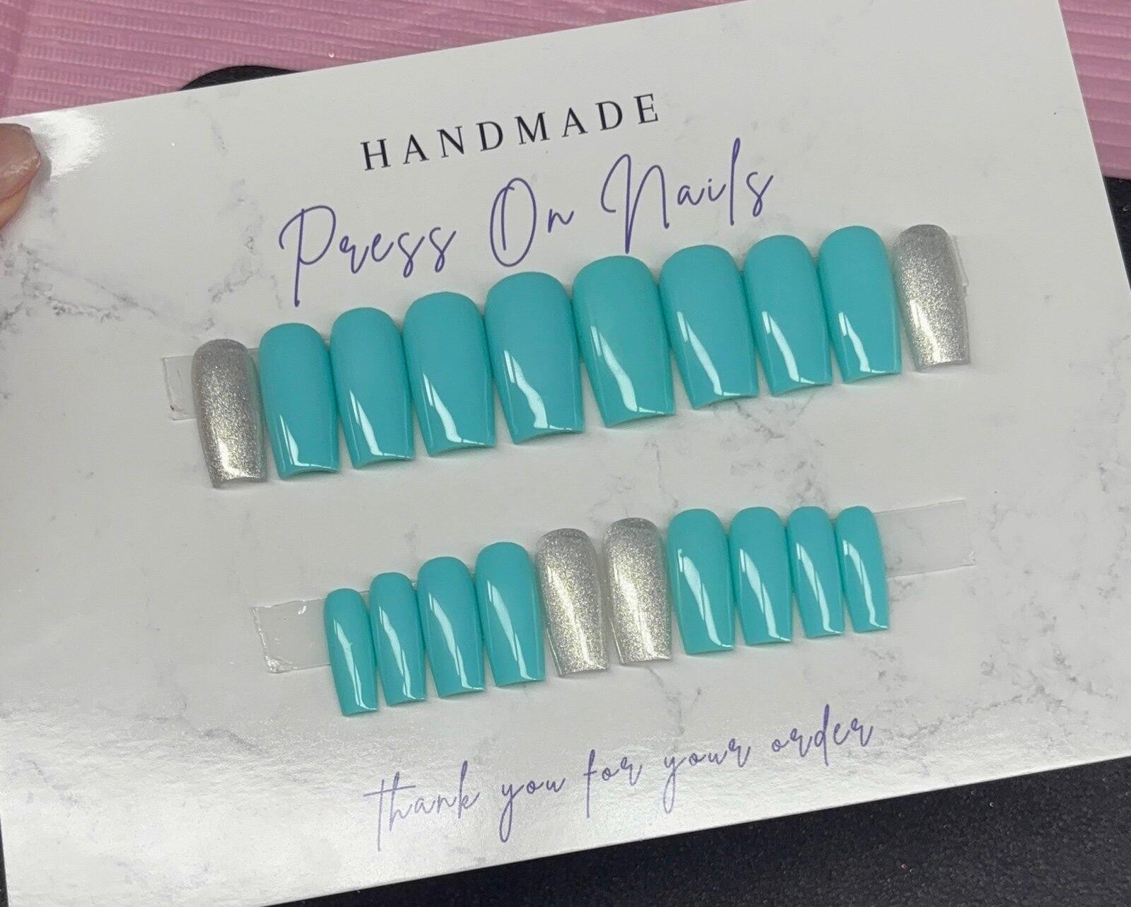 Medium square Press on nails silver glitter teal light blue handmade custom gel